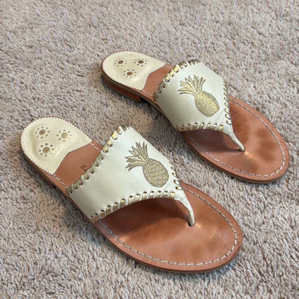 Pineapple Embroidered Jack Rogers Cream and Tan Sandals